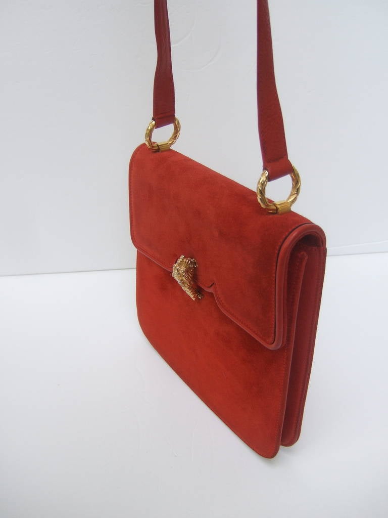 Women's Gucci Italy Scarlet Red Suede Tiger Clasp Handbag c 1970