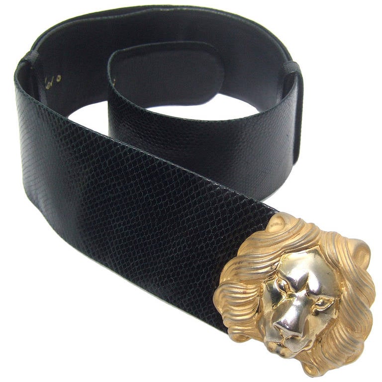 Judith Leiber Lion Buckle Black Embossed Leather Belt For Sale