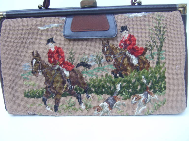 1950s Rare Needlepoint Fox Hunt Dual Sided Large Handbag In Good Condition In University City, MO