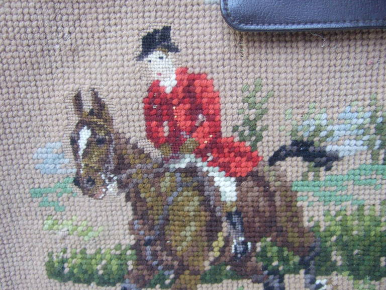 Women's 1950s Rare Needlepoint Fox Hunt Dual Sided Large Handbag