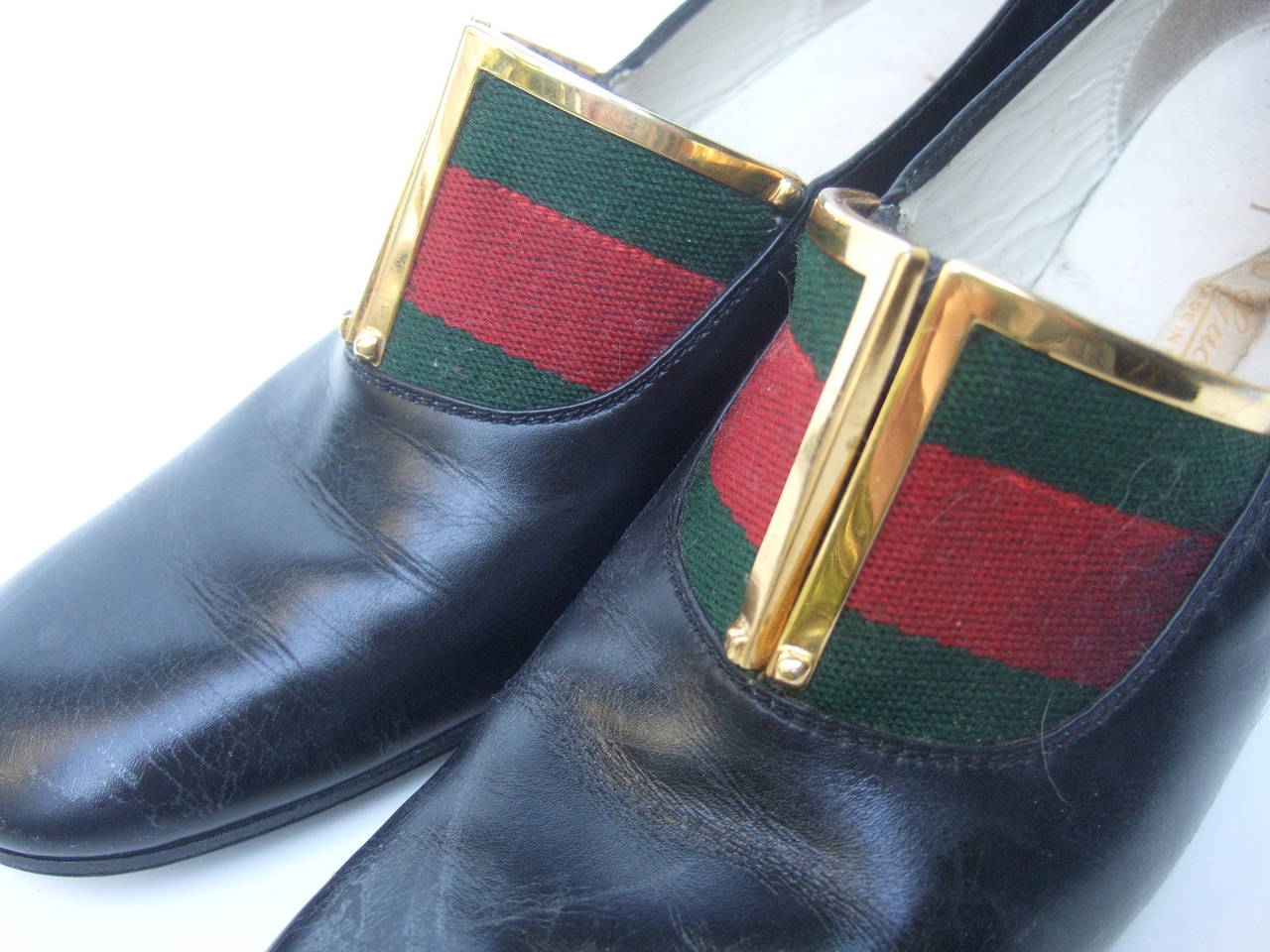 Black Gucci Italy Ebony Leather Striped Trim Shoes Size 38 AA c 1970