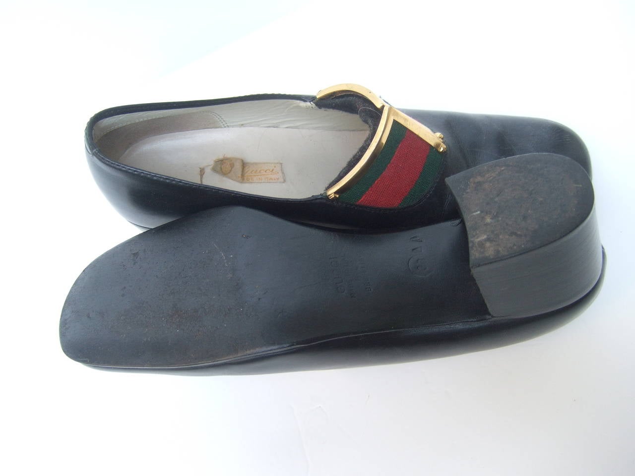 Gucci Italy Ebony Leather Striped Trim Shoes Size 38 AA c 1970 1