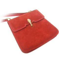 Gucci Italy Scarlet Red Suede Tiger Clasp Handbag c 1970