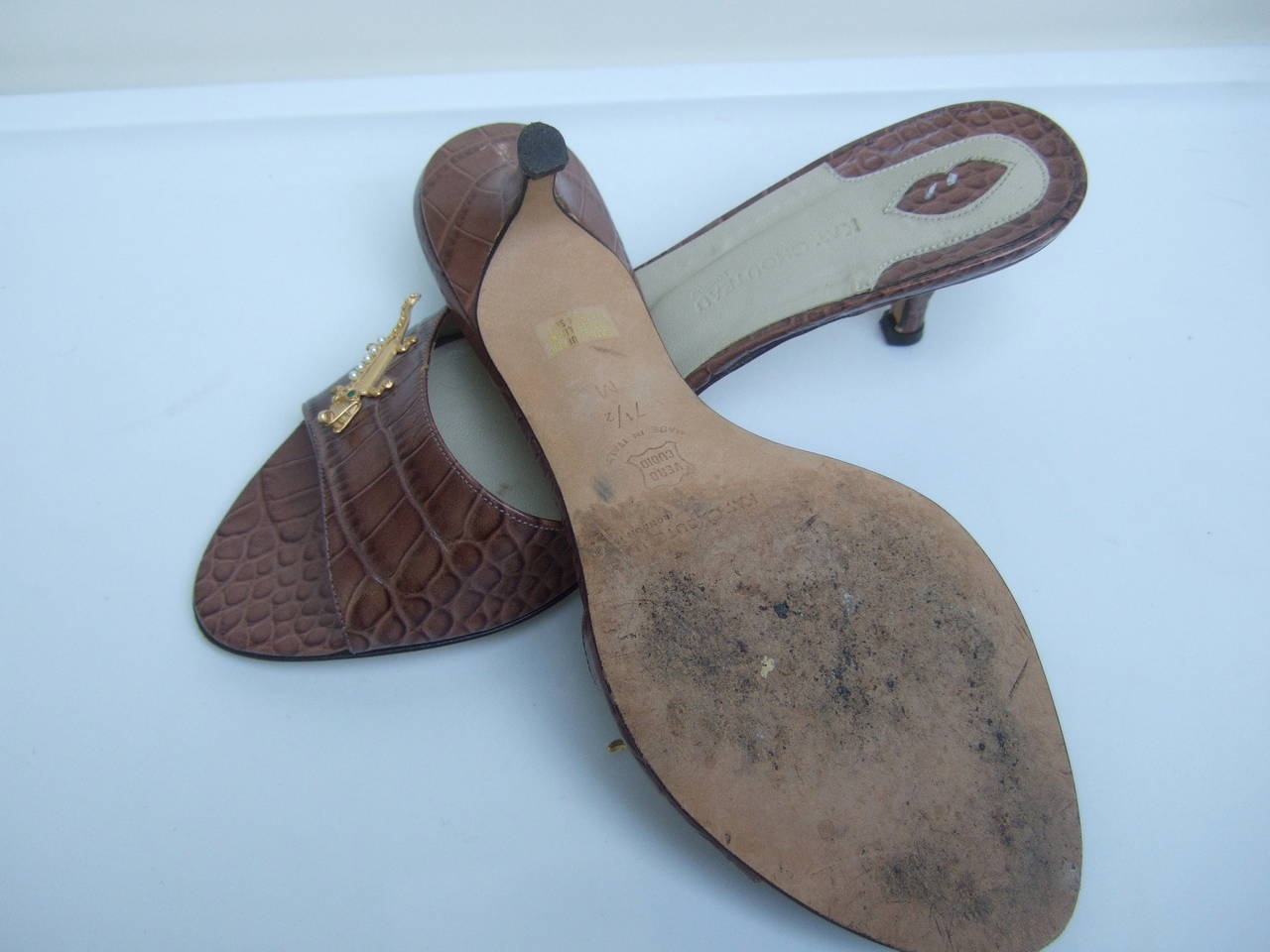 Gray Embossed Brown Leather Mules with Jeweled Gecko's Size 7.5 Made in Italy For Sale