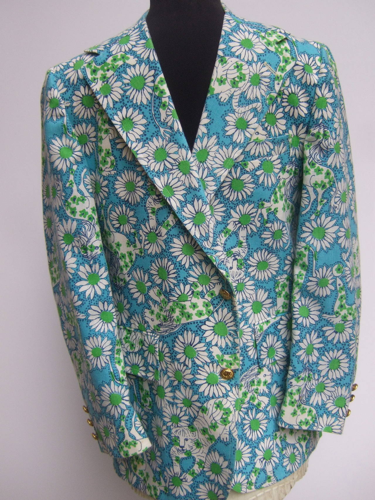 Lilly Pulitzer Men's Whimsical Jungle Print Jacket c 1970s Size 41 In Excellent Condition In University City, MO