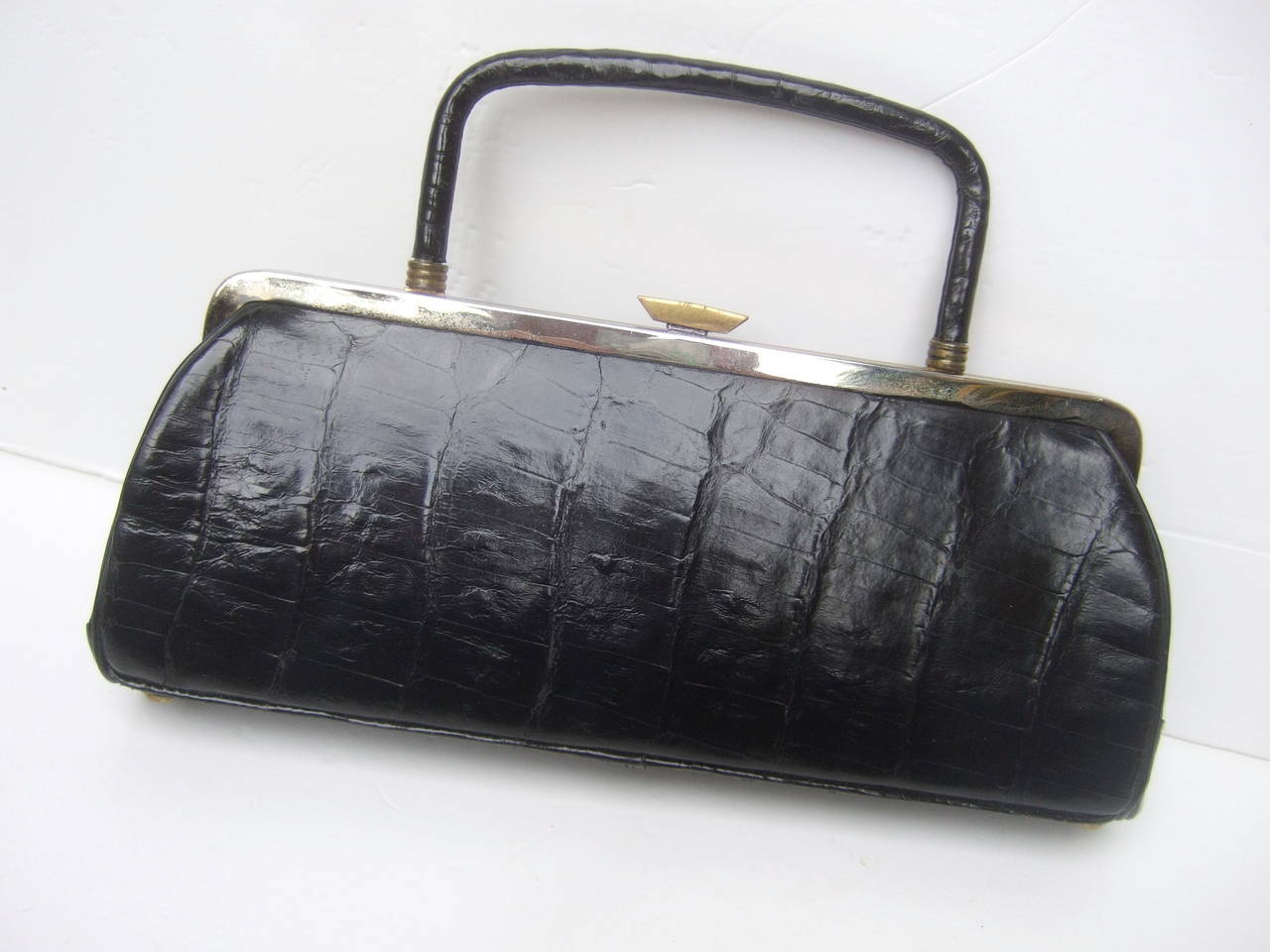 Sleek Black Alligator Diminutive Handbag c 1960