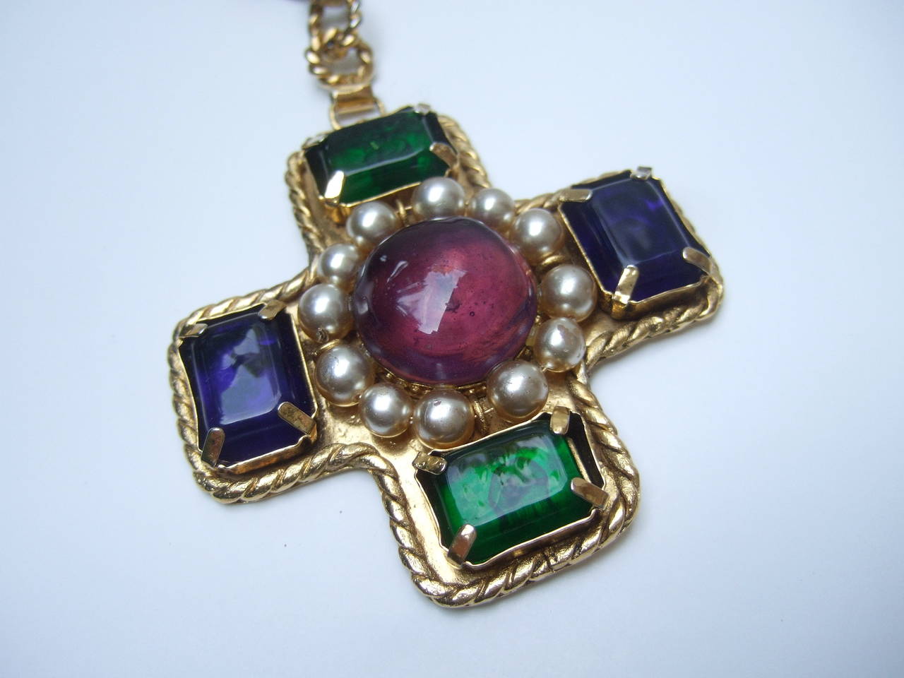 Chanel Exquisite Poured Glass Cross Pendant Necklace In Excellent Condition In University City, MO
