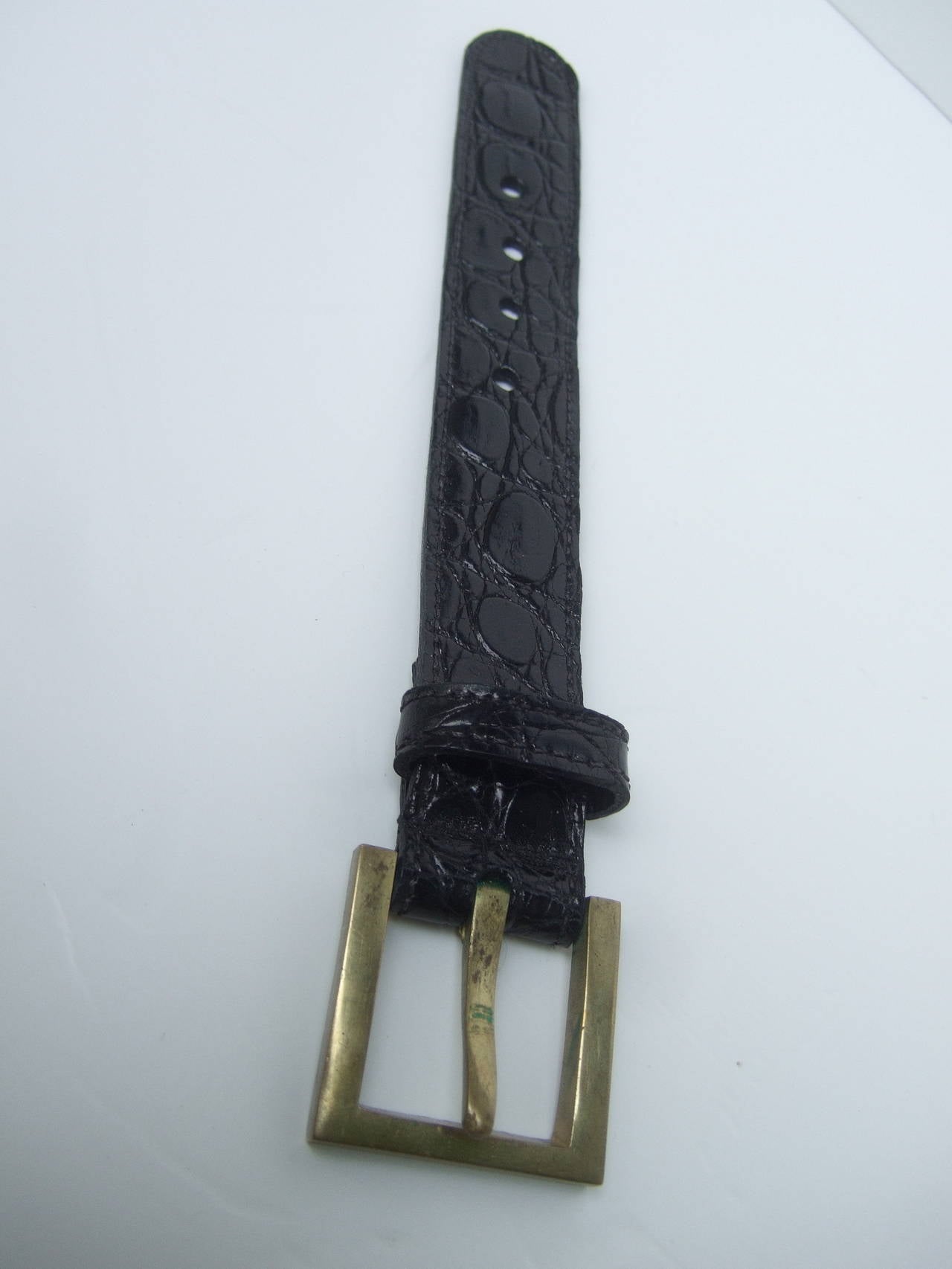 Women's Genuine Black Alligator Brass Buckle Bracelet Designed by Johnny Farah For Sale