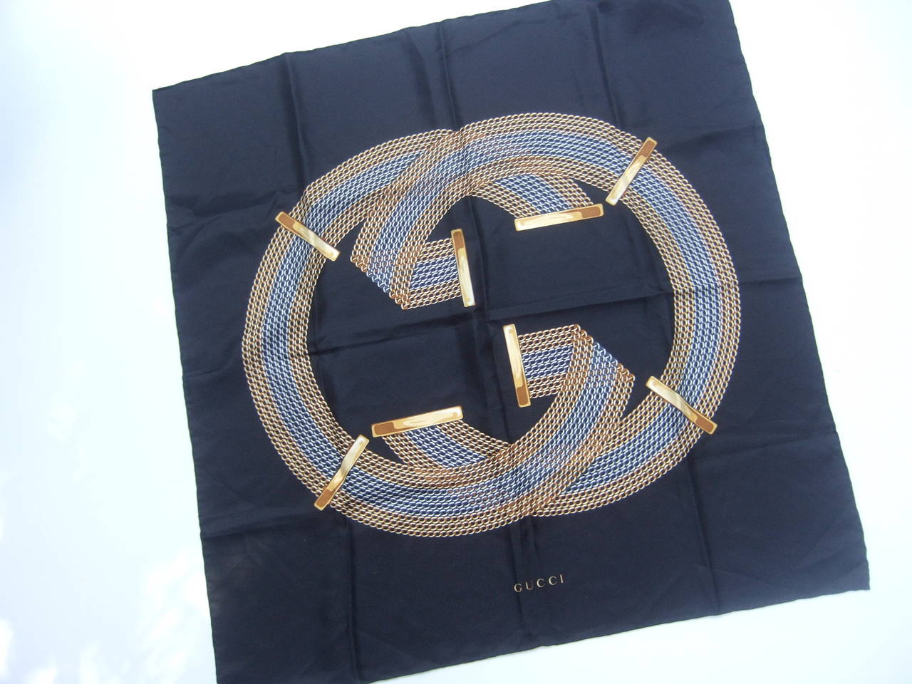 Gucci Italy Luxurious Black Silk Logo Scarf 1