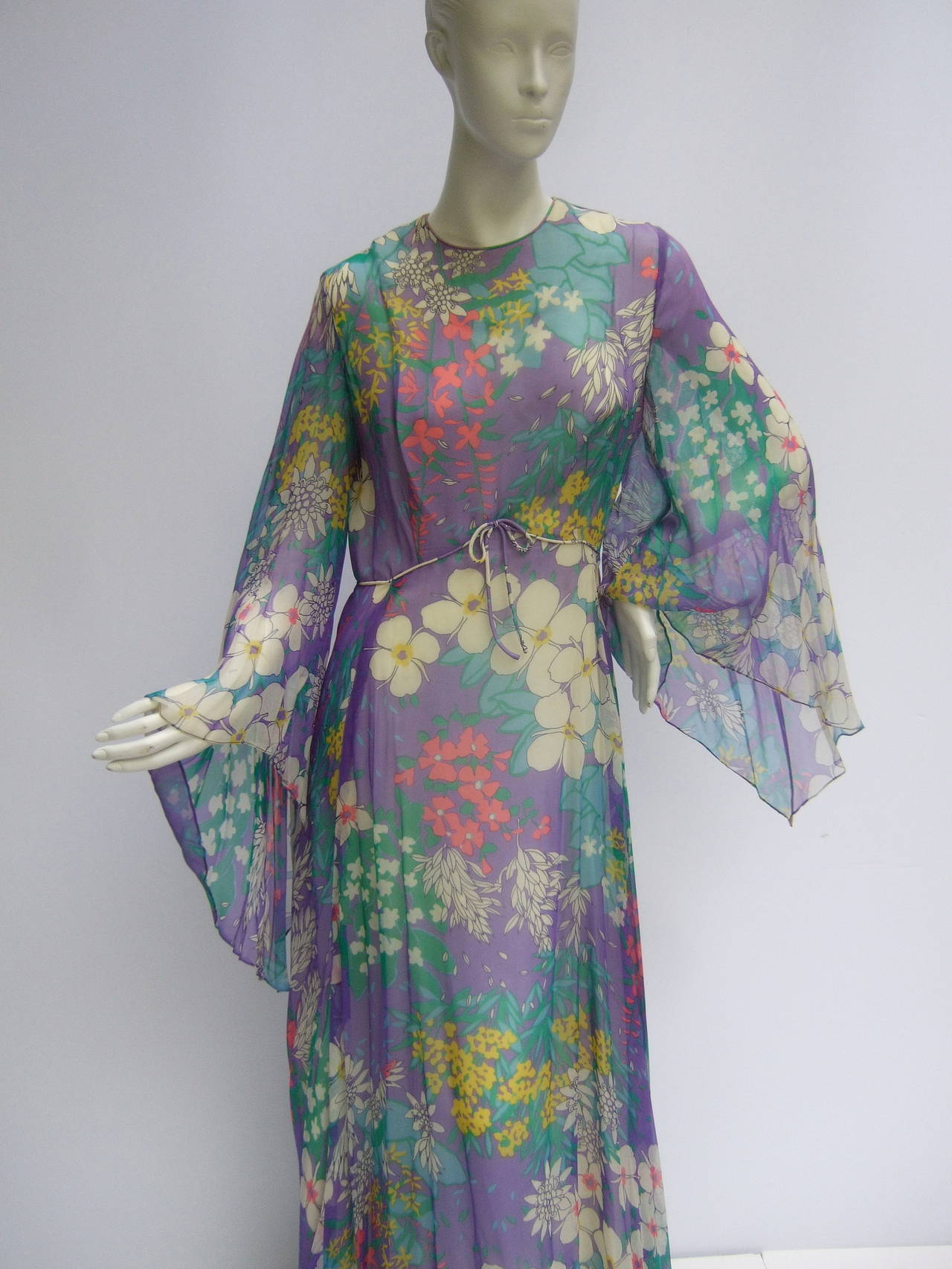 Gray Stunnning Pastel Flower Garden Chiffon Gown c 1970