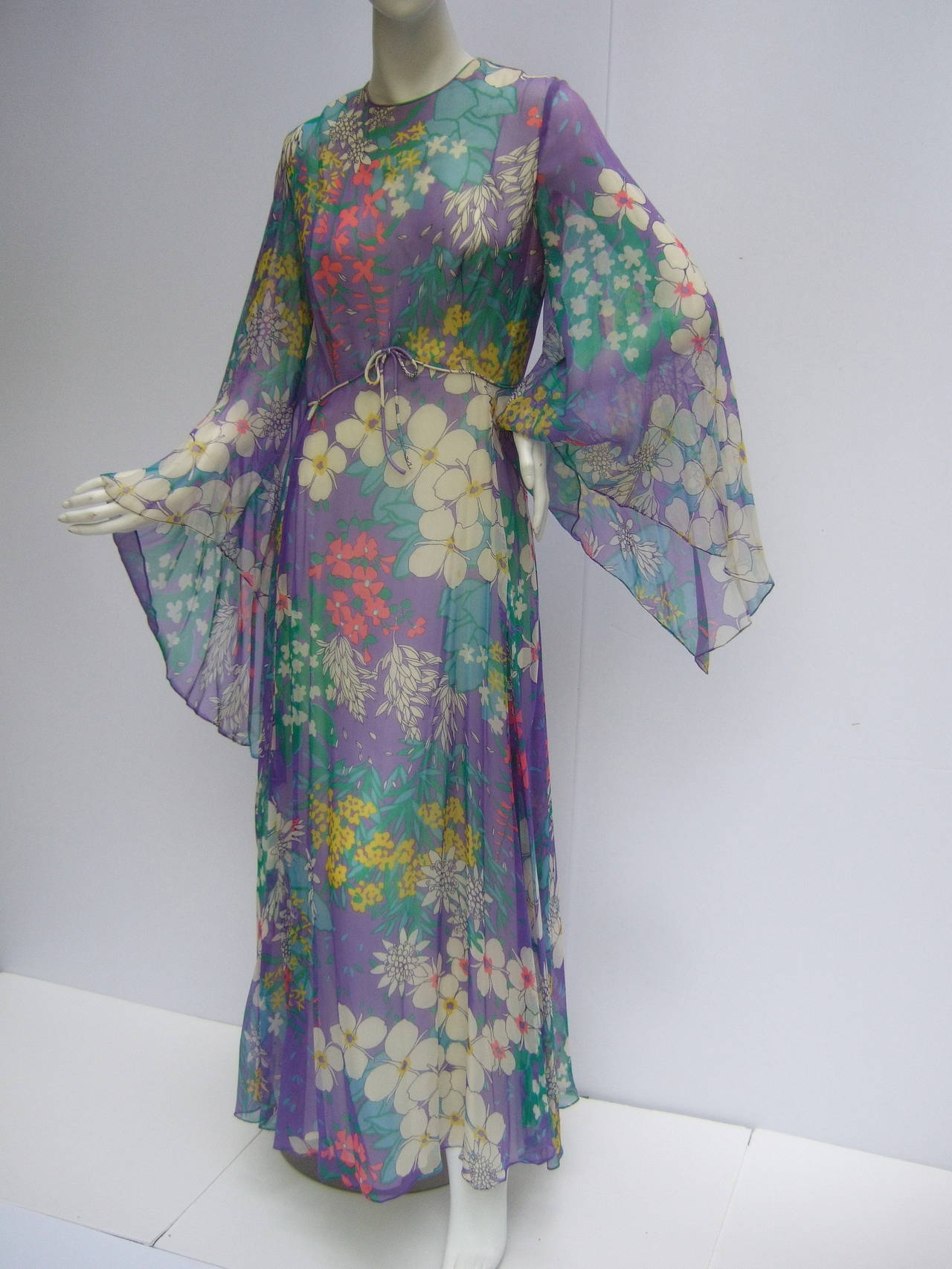 Stunnning Pastel Flower Garden Chiffon Gown c 1970 2