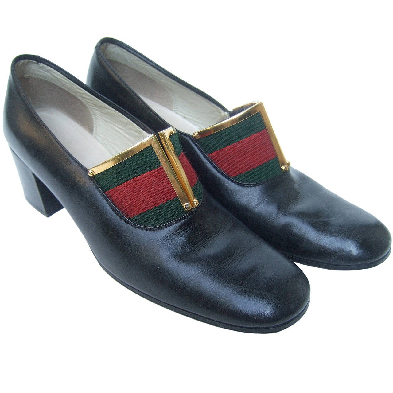 Gucci Italy Ebony Leather Striped Trim Shoes Size 38 AA c 1970