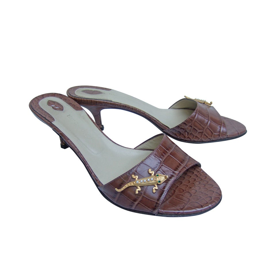 Embossed Brown Leather Mules with Jeweled Gecko's Size 7.5 Made in Italy For Sale