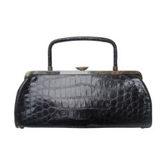 Vintage Sleek Black Alligator Diminutive Handbag c 1960