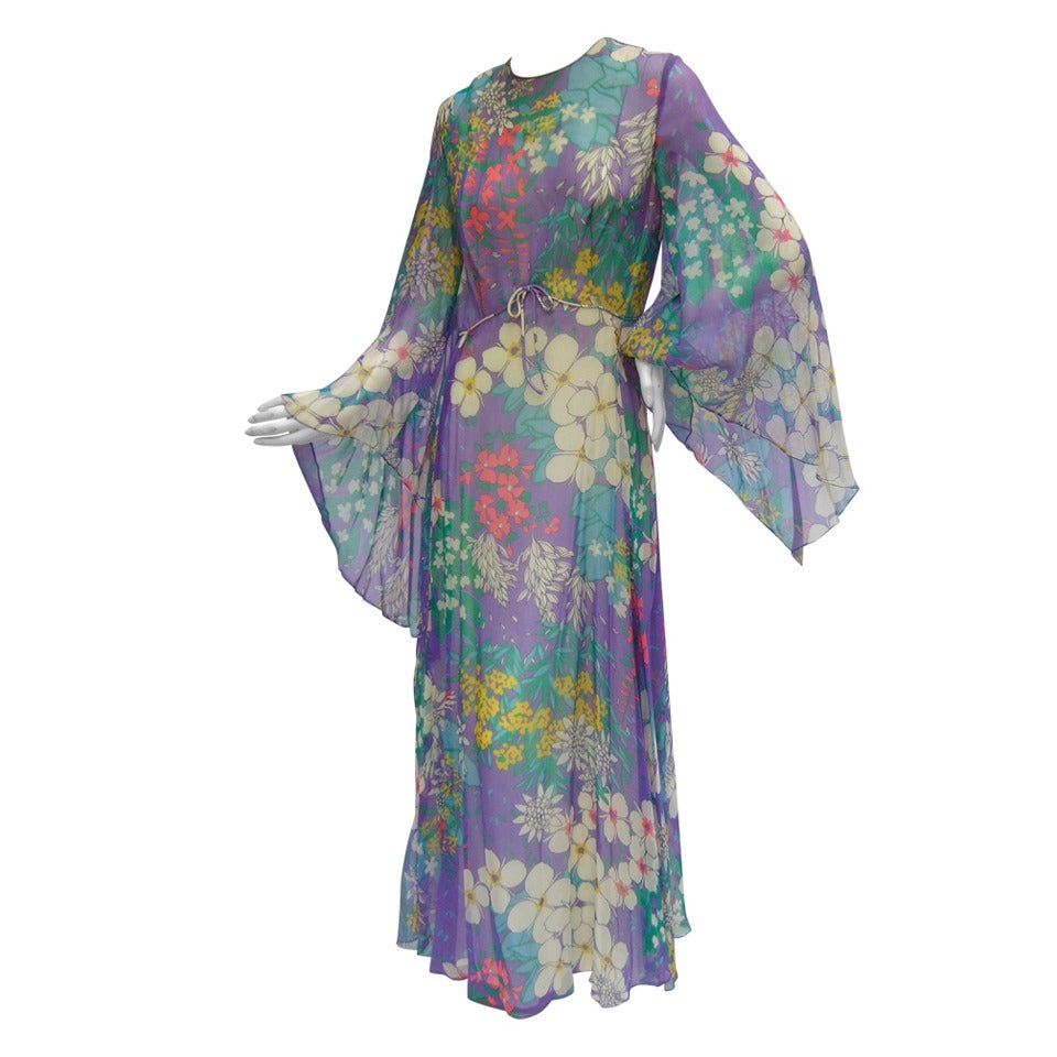 Stunnning Pastel Flower Garden Chiffon Gown c 1970