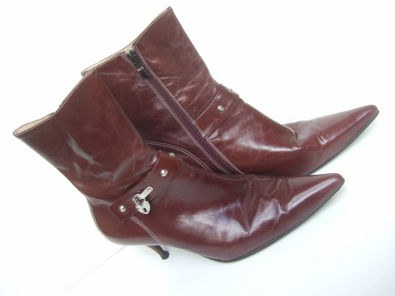 Women's Dior Brown Leather Ankle Boots with Lock & Key Charms Size 40