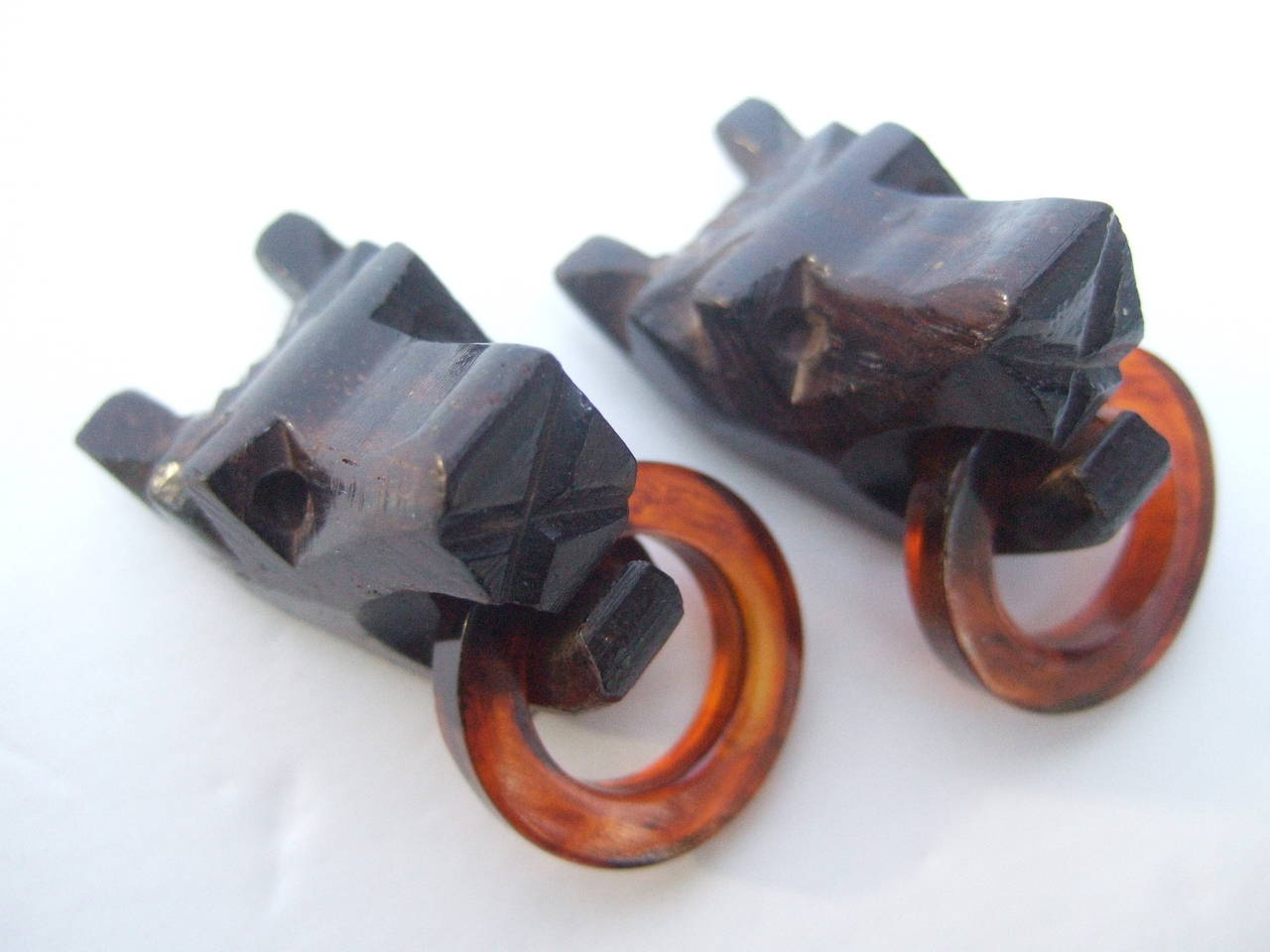 Women's 1940s Art Deco Hand Carved Wood Dog Head Dress Clips For Sale