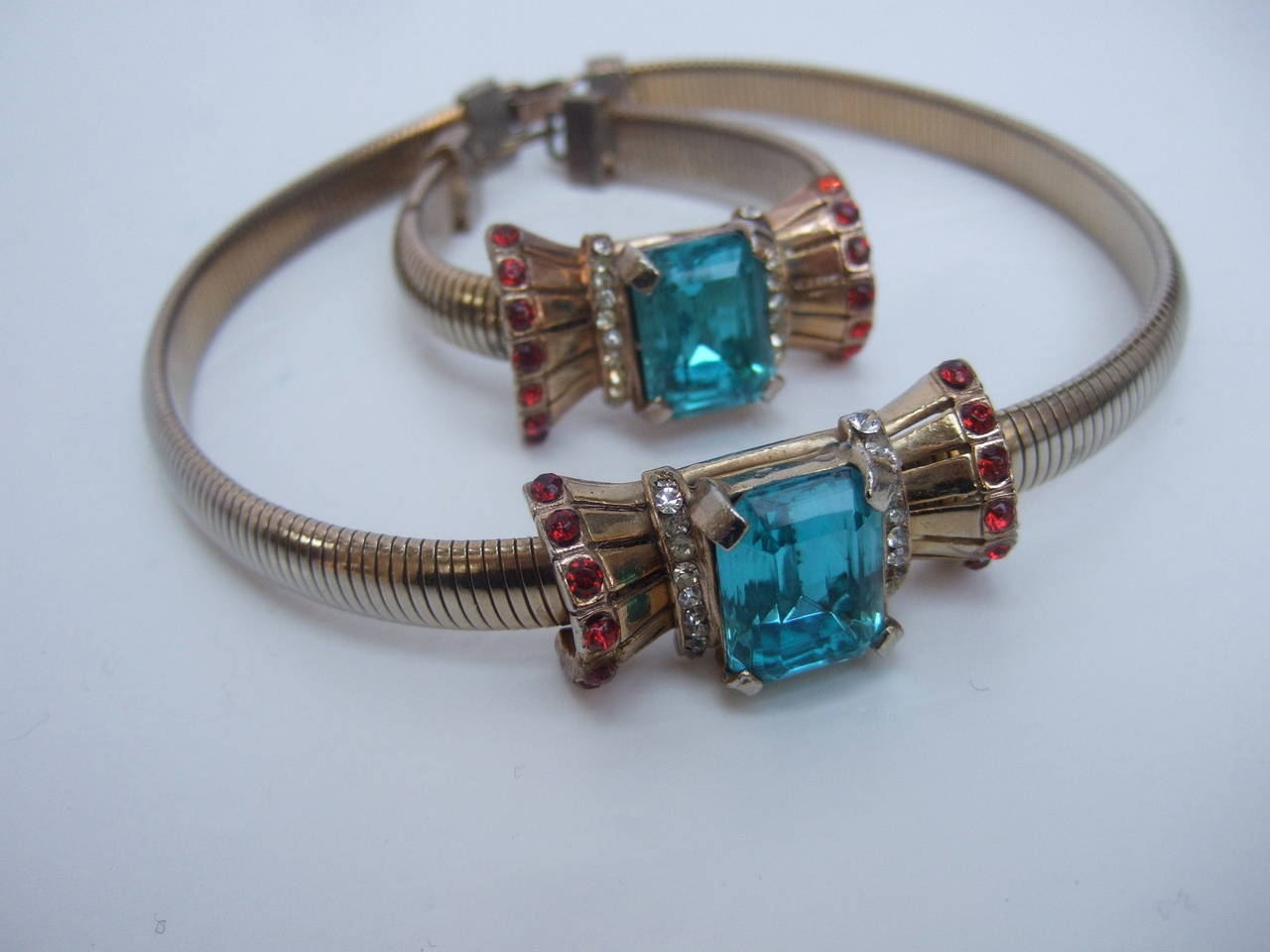 Art Deco 1940s Aquamarine Crystal Necklace & Bracelet In Excellent Condition In University City, MO