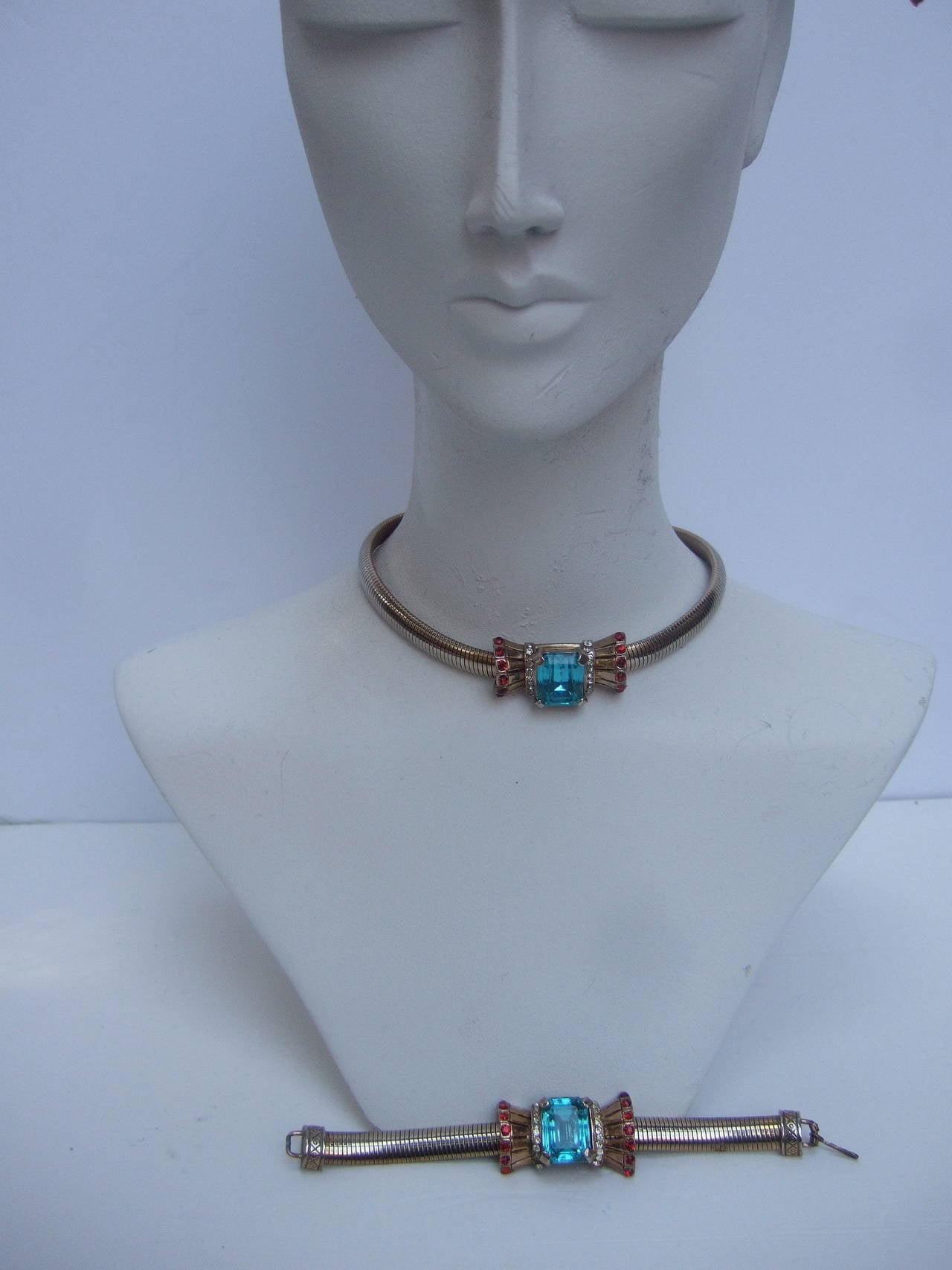 Art Deco 1940s Aquamarine Crystal Necklace & Bracelet 3