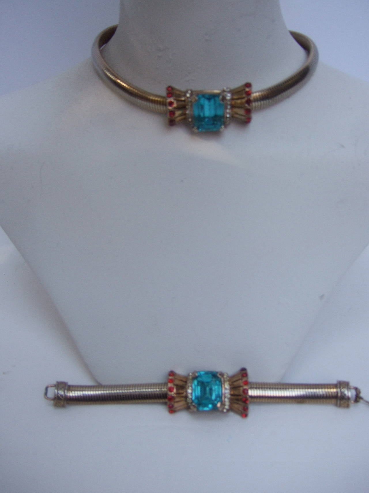 Art Deco 1940s Aquamarine Crystal Necklace & Bracelet 1
