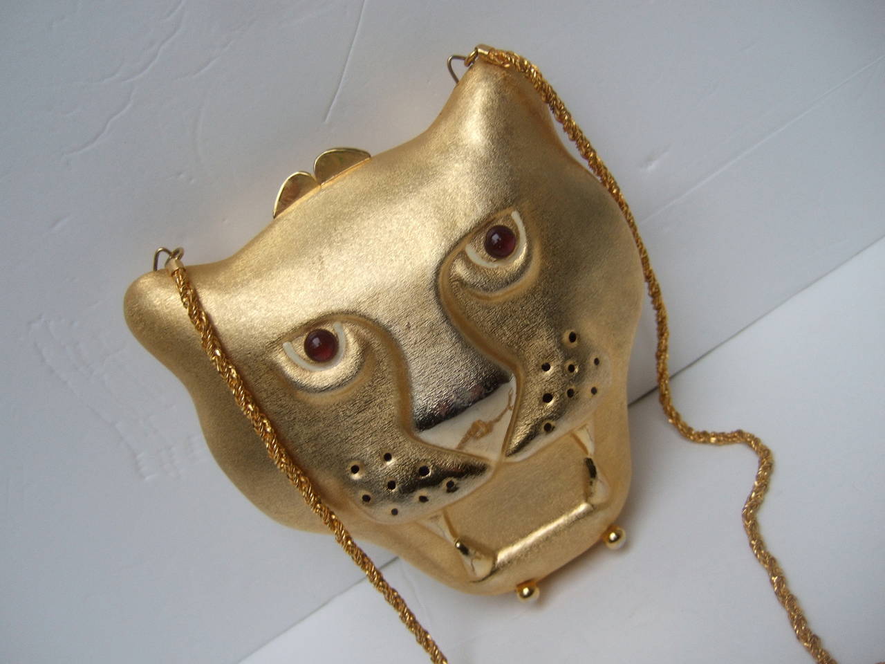Brown Saks Fifth Avenue Gilt Metal Panther Evening Bag Made in Italy c 1970s For Sale
