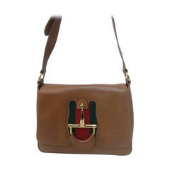 Vintage Gucci Caramel Brown Leather Horse Bit Shoulder Bag c 1970s