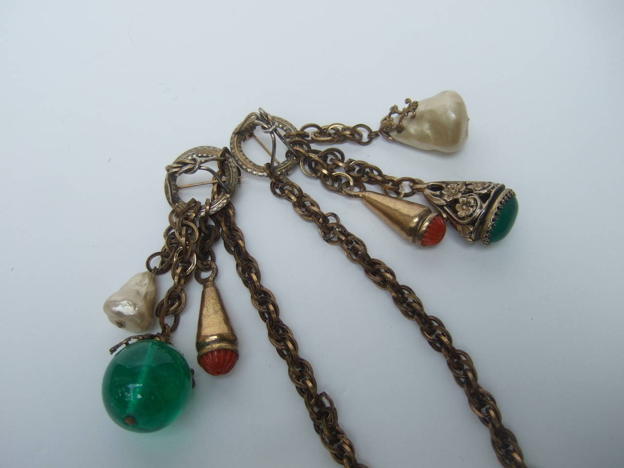 Women's Adele Simpson Jeweled Glass Bauble Chatelaine Brooch c 1950 For Sale