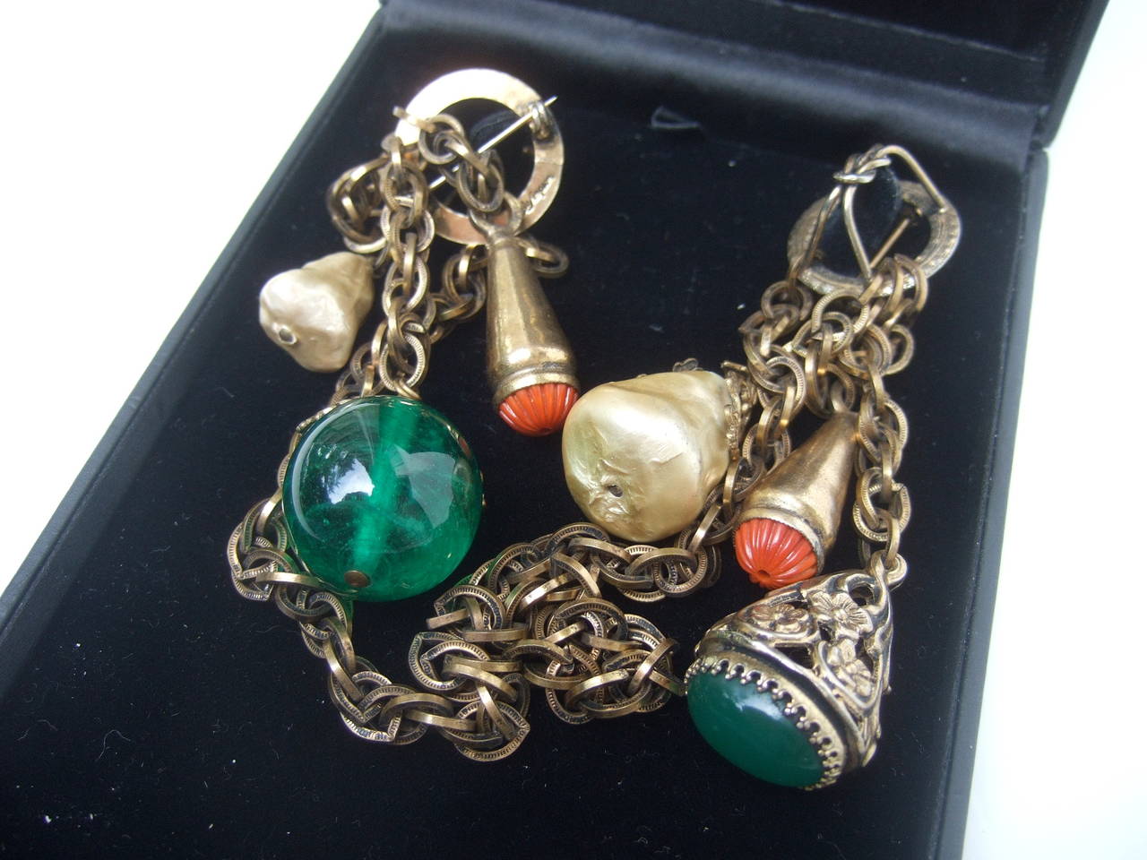 Adele Simpson Jeweled Glass Bauble Chatelaine Brooch c 1950 In Excellent Condition For Sale In University City, MO