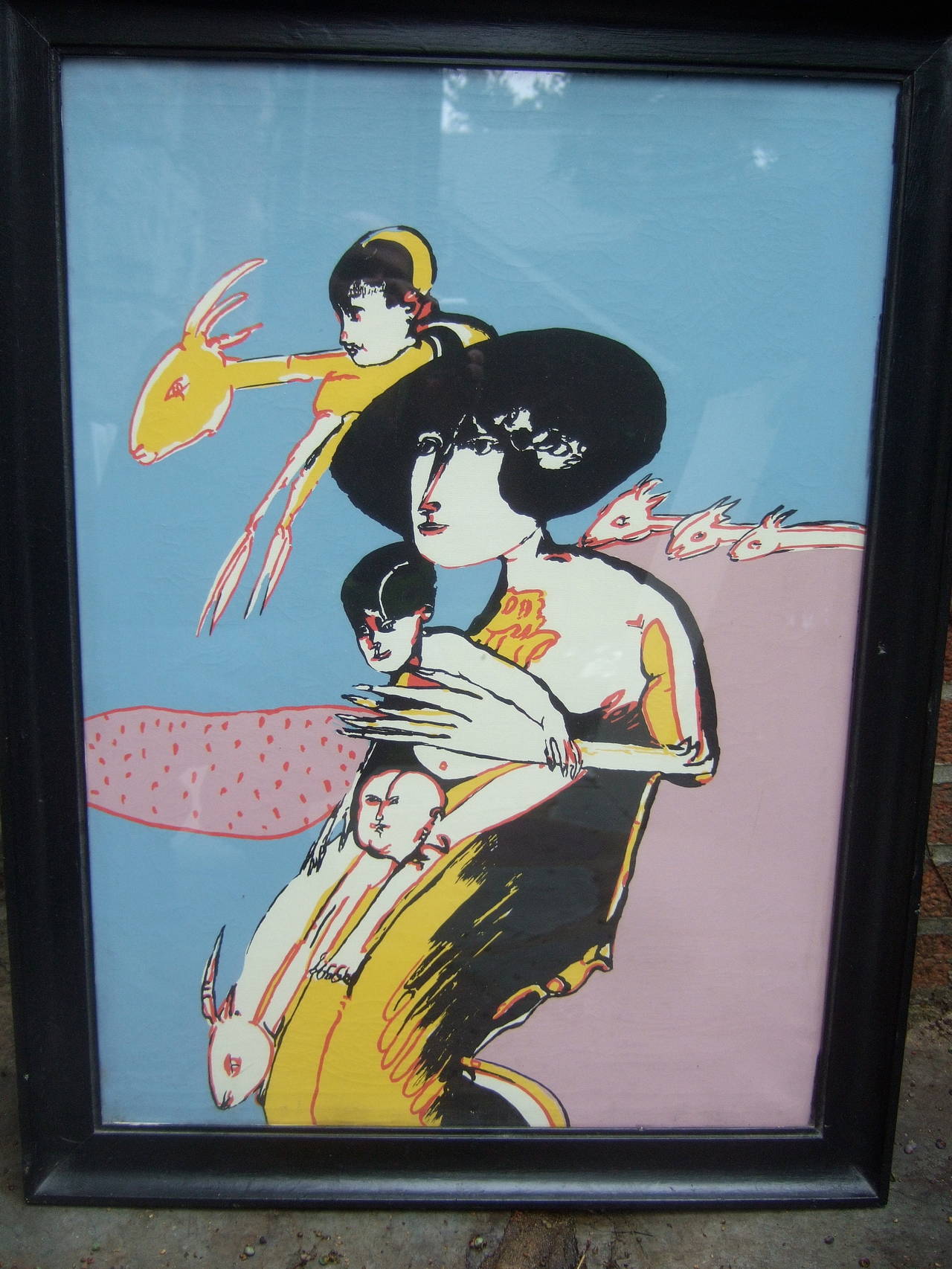 Remo Brindisi Avant-garde silk screen print by listed Italian artist Brindisi
A vivid surrealistic illustration of a mother & children surrounded by unusual strange mythical creatures. The unusual subject matter makes for a very unique decorative