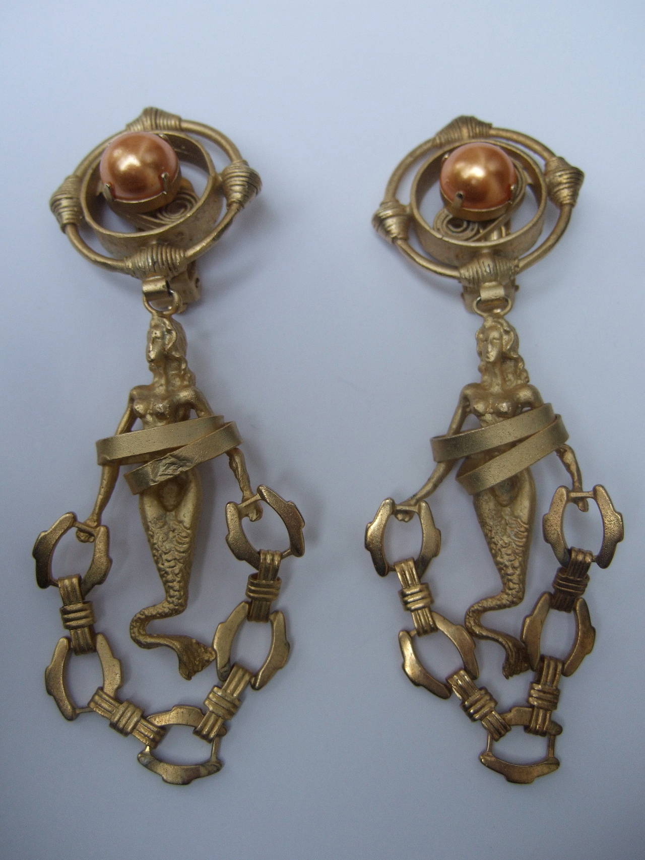 Women's Italian Artisan Gilt Metal Massive Mermaid Earrings Designed by Particolari