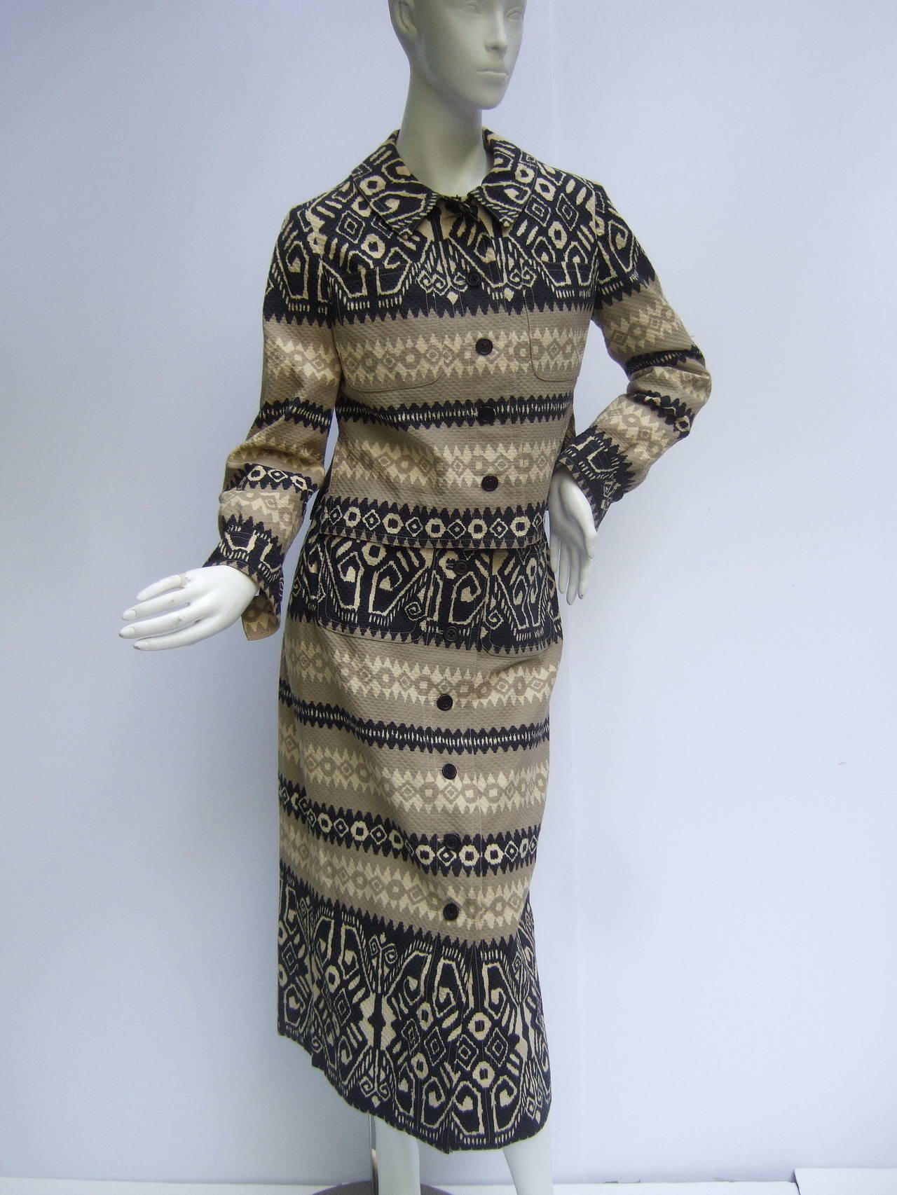 Black Lanvin Chic Cotton Print Skirt Suit c 1970 For Sale