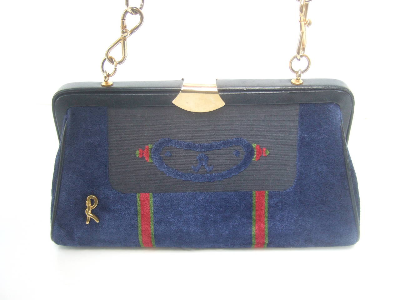 Roberta Di Camerino Blue Cut Velvet Striped Handbag Made in Italy 1