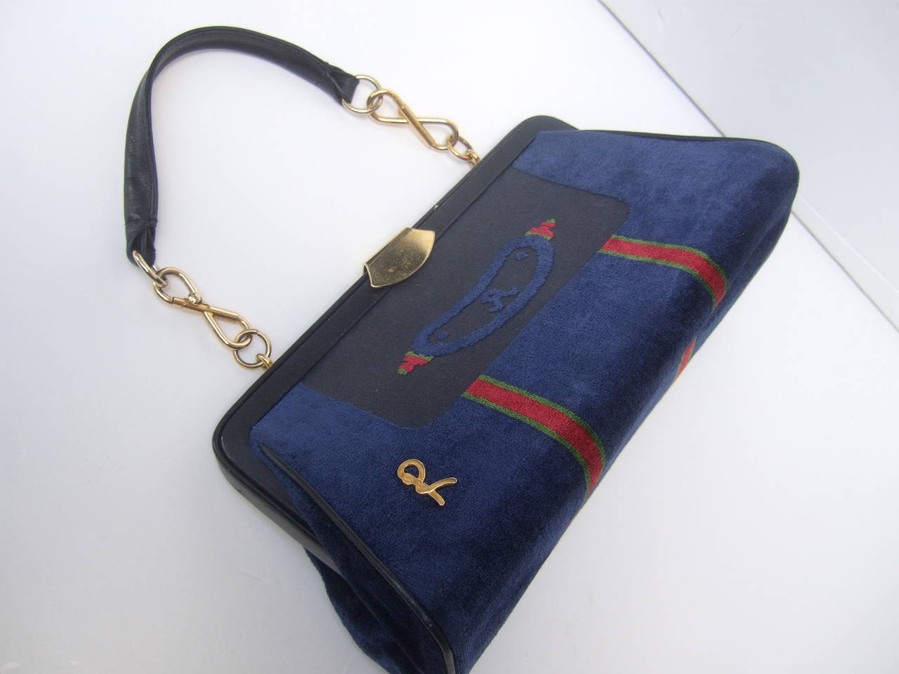 Women's Roberta Di Camerino Blue Cut Velvet Striped Handbag Made in Italy