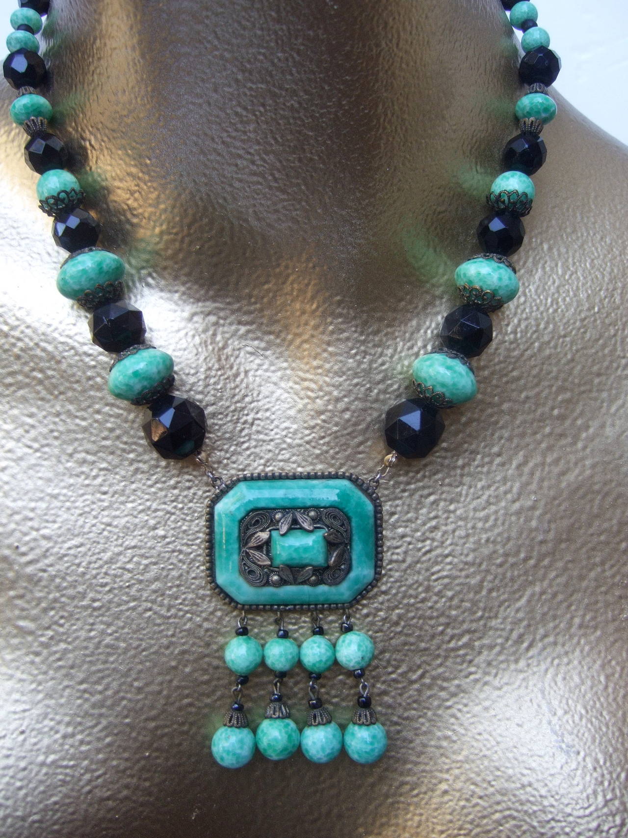 Art Deco Egyptian Revival Glass Beaded Necklace c 1930 In Excellent Condition In University City, MO