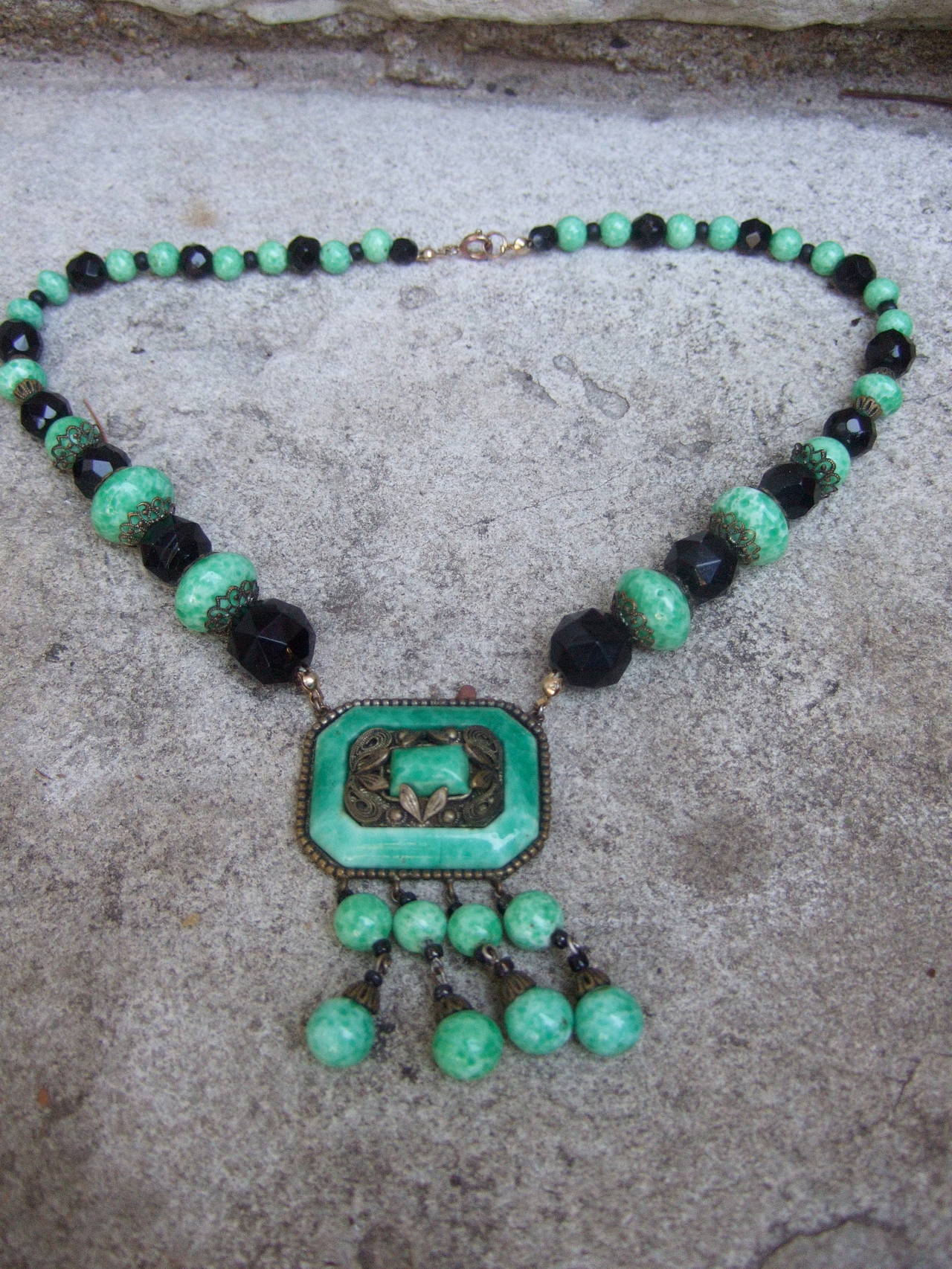 Art Deco Egyptian Revival Glass Beaded Necklace c 1930 3