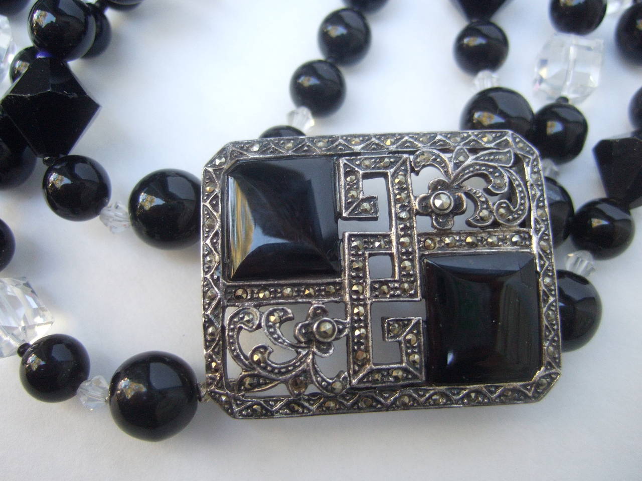 Opulent Art Deco Sterling Marcasite Crystal Necklace In Excellent Condition For Sale In University City, MO