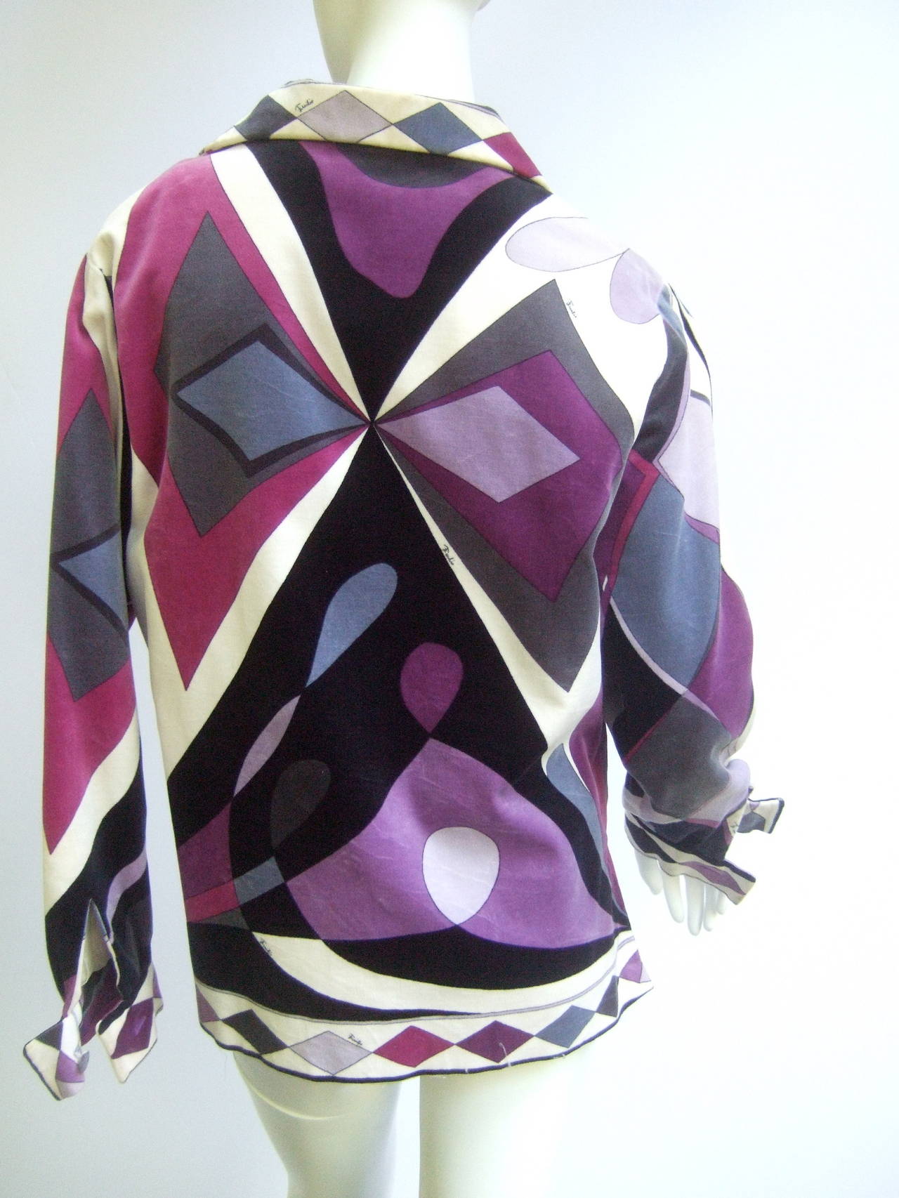 Emilio Pucci Pastel cotton velvet op art print jacket c 1970
The mod Italian jacket is designed with a mosaic of vibrant pastel hues & shapes

The pastel lavender, violet & deep fuchsia pink colors are juxtaposed with slate blue, gray & black