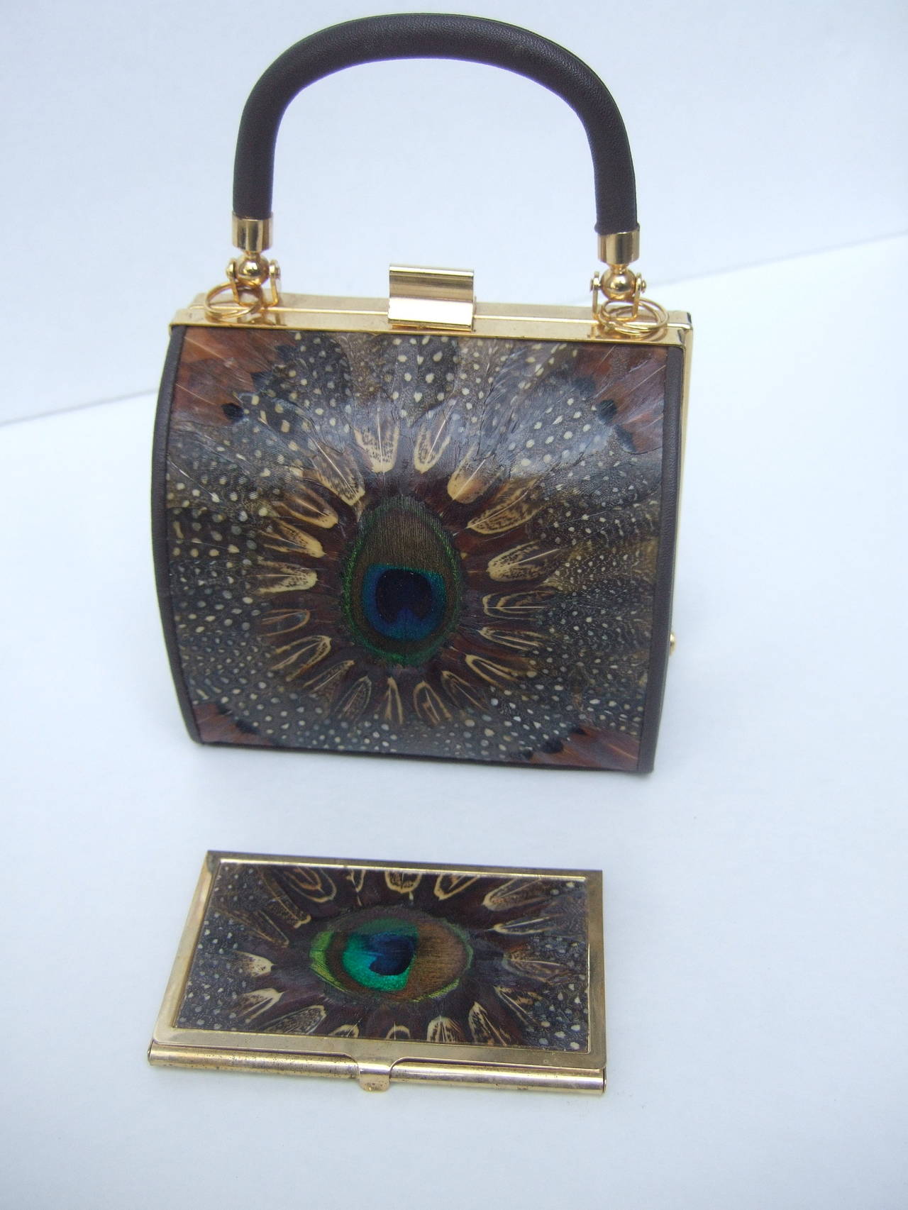 Exotic Peacock Feather Diminutive Handbag c 1980 In Excellent Condition In University City, MO