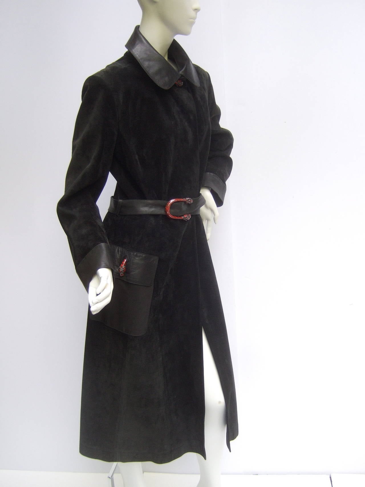 Women's Gucci Sleek Black Doeskin Suede Trench Coat with Sterling Tiger Buttons c 1970