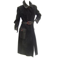 Gucci Sleek Black Doeskin Suede Trench Coat with Sterling Tiger Buttons c 1970