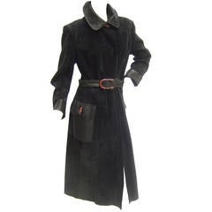 Gucci Sleek Black Doeskin Suede Trench Coat with Sterling Tiger Buttons c 1970 6