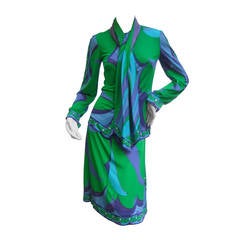 EMILIO PUCCI Silk Jersey Blend Blouse & Skirt Set c 1970 2