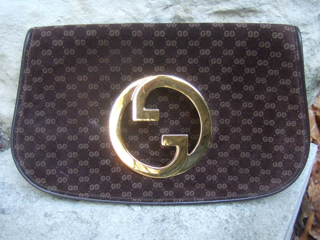 Black Gucci Sleek Brown Suede Blondie Clutch Made in Italy c 1970