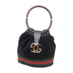 Retro Luxurious Black Suede Gucci Bag With Lucite Handle. 1970's.