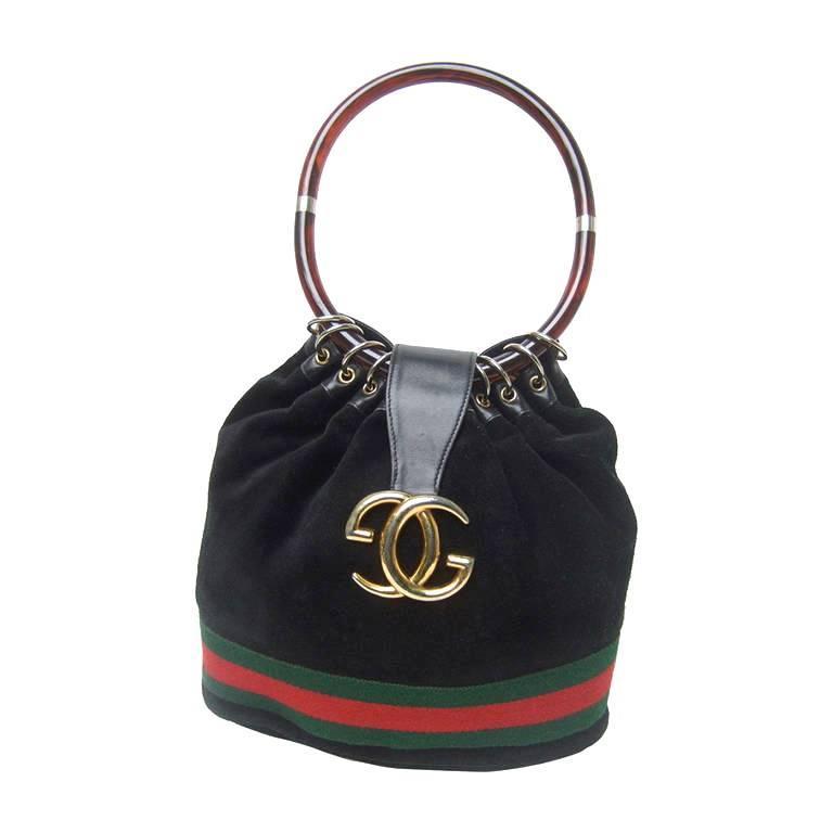 Luxurious Black Suede Gucci Bag With Lucite Handle. 1970&#39;s. For Sale at 1stdibs