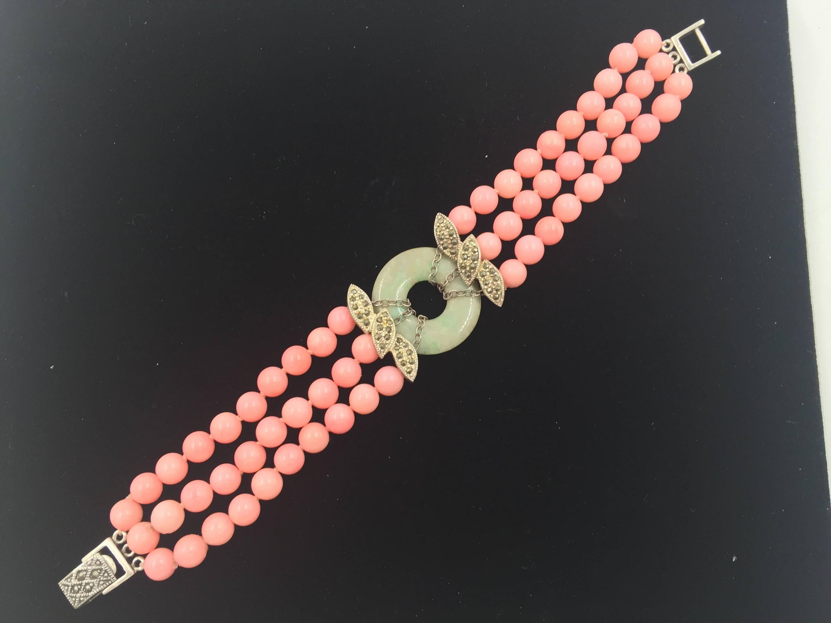 Coral Jade and Marcasite Sterling Silver Bracelet.  Art Deco Style. In Excellent Condition In University City, MO