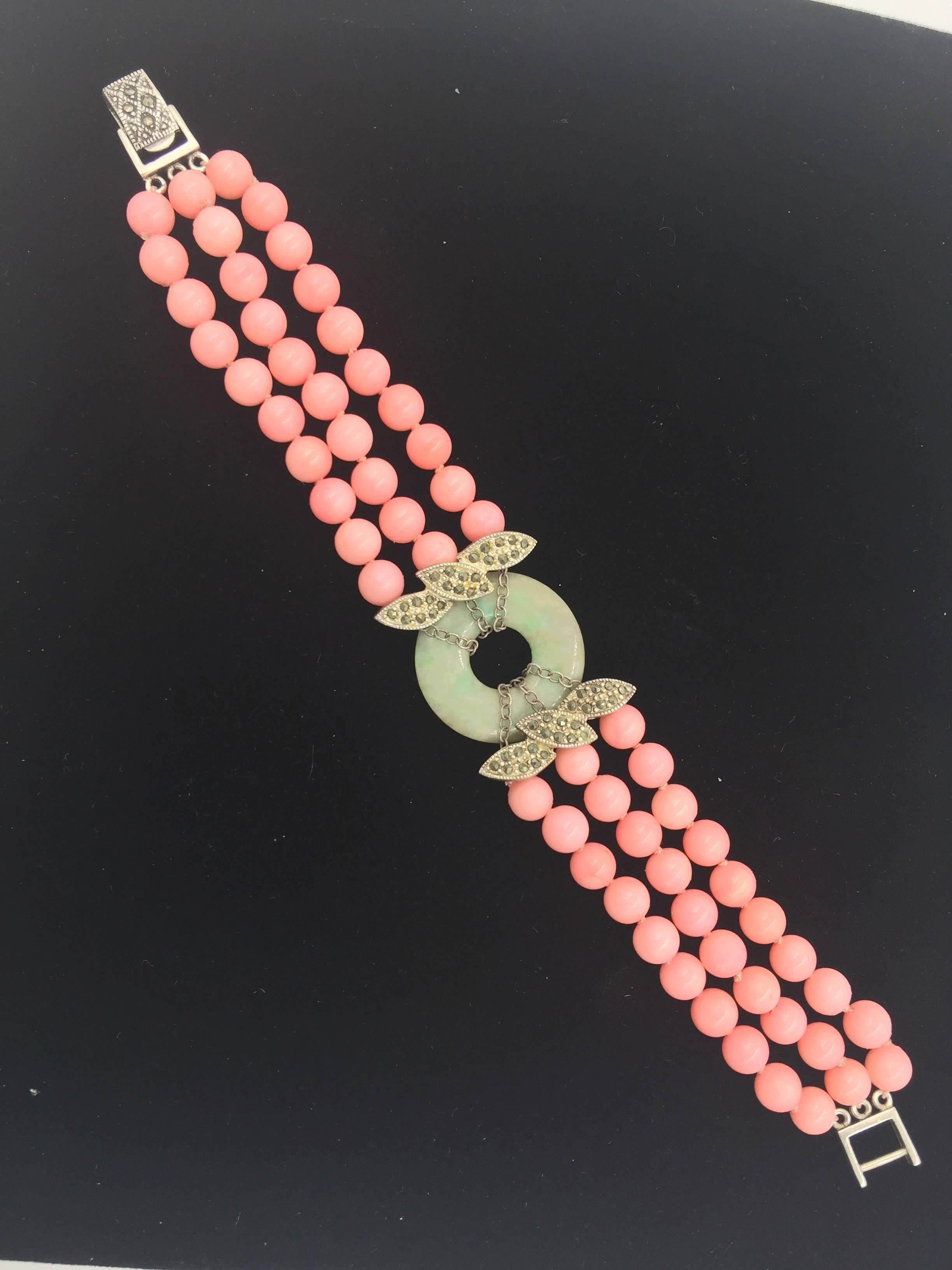 Women's Coral Jade and Marcasite Sterling Silver Bracelet.  Art Deco Style.