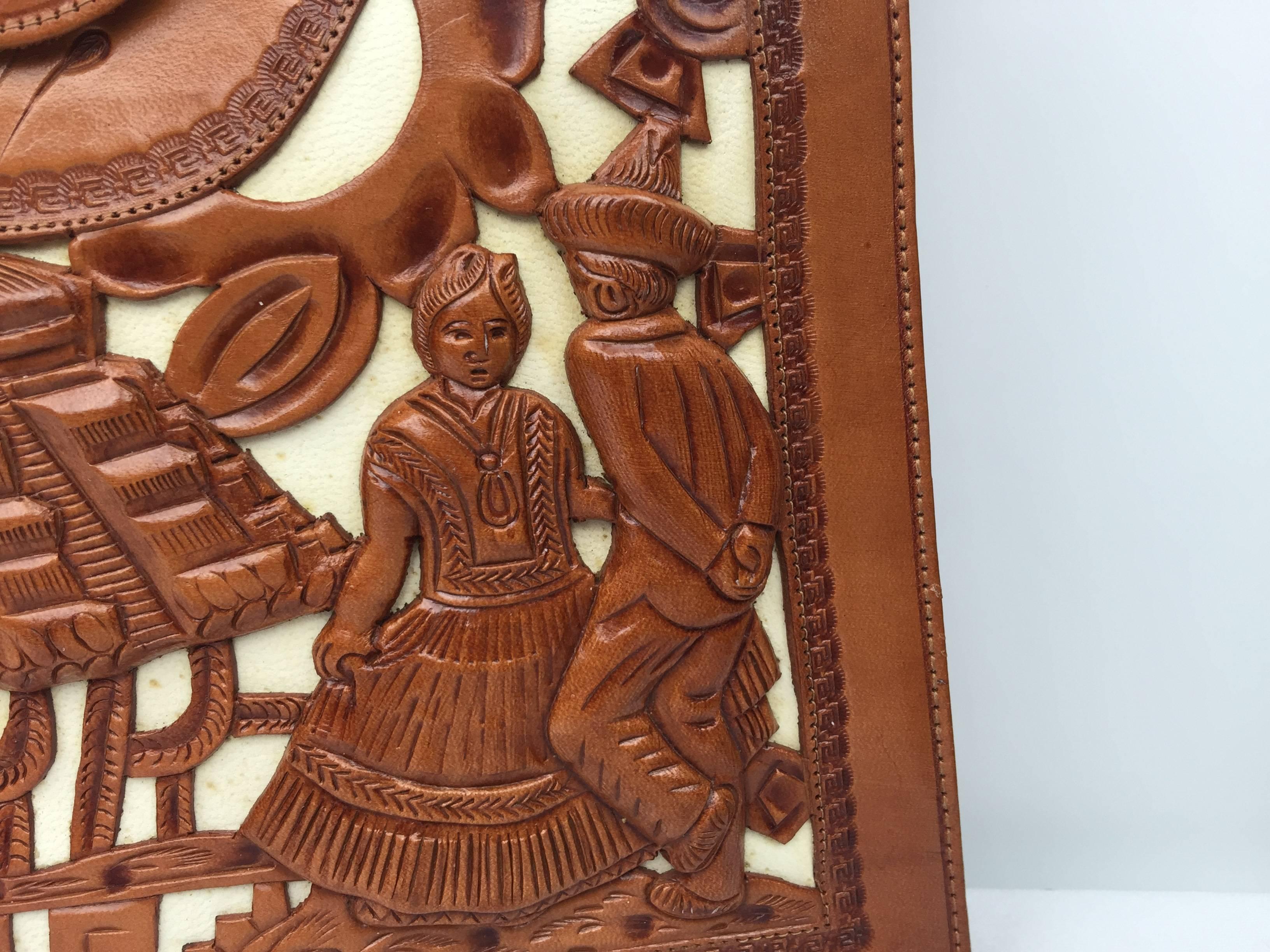 Brown Rare 1950's Tooled Leather Mexican Narrative Handbag. 3-D Design.