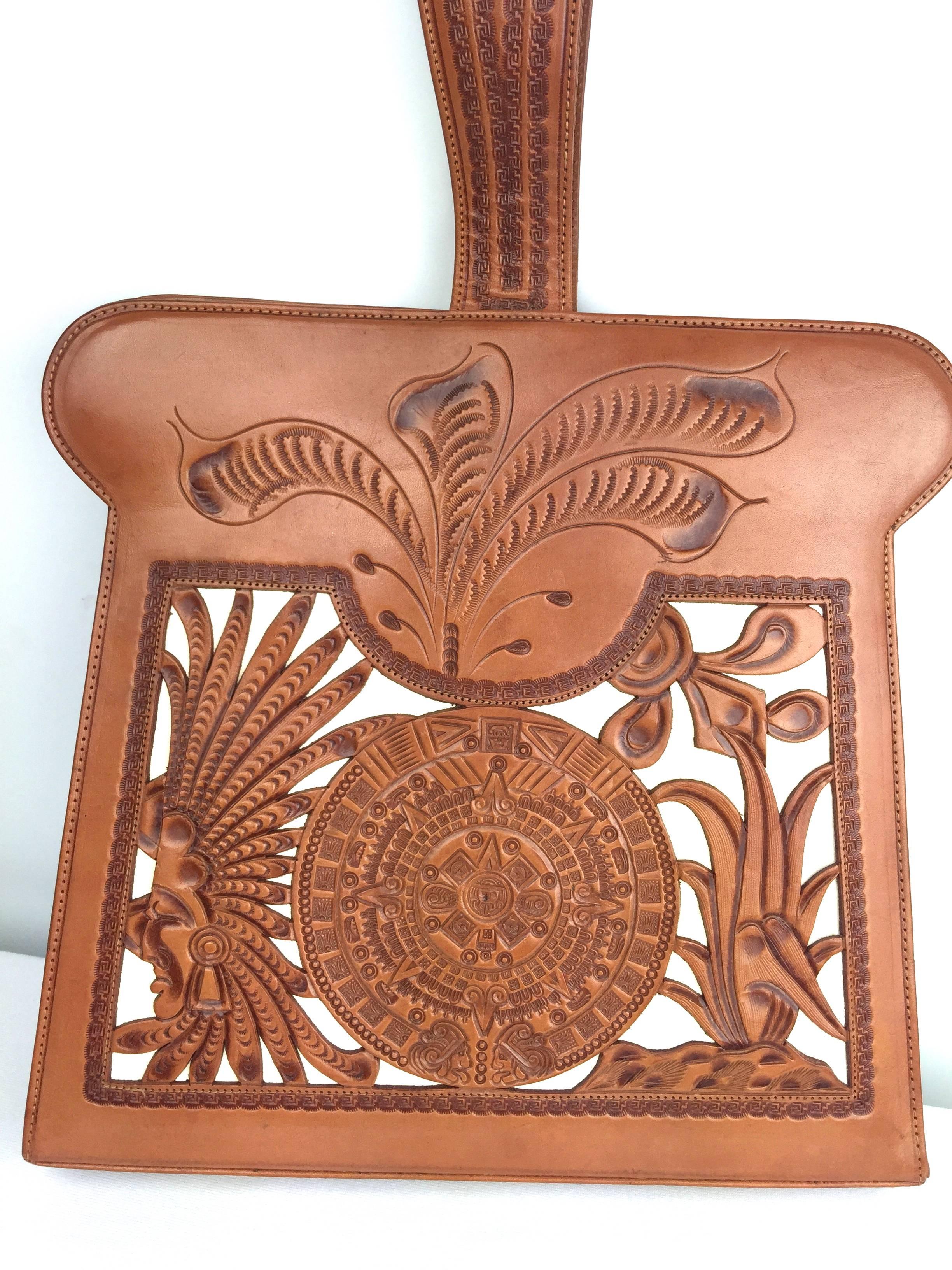 Women's Rare 1950's Tooled Leather Mexican Narrative Handbag. 3-D Design.