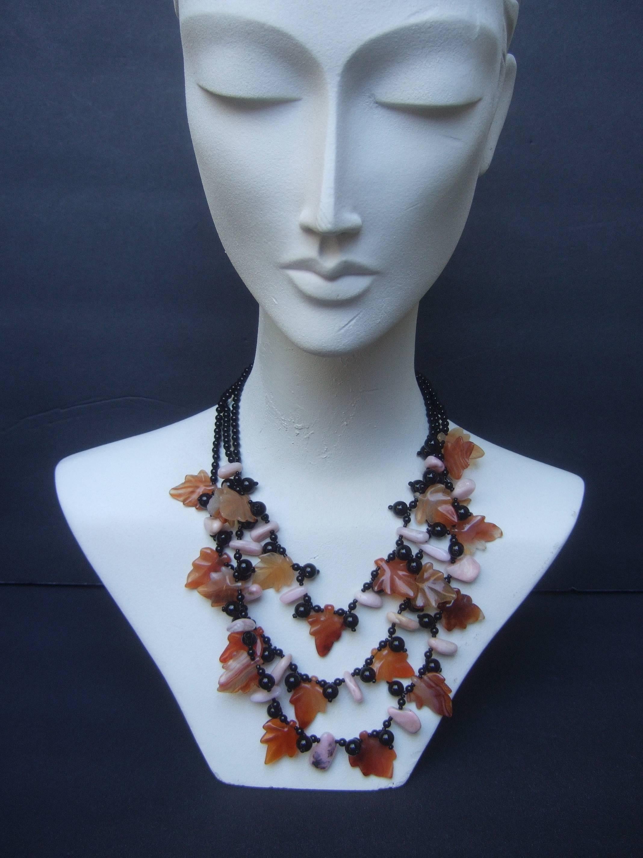 Artisan Carved Glass Beaded Leaf Necklace In Good Condition In University City, MO